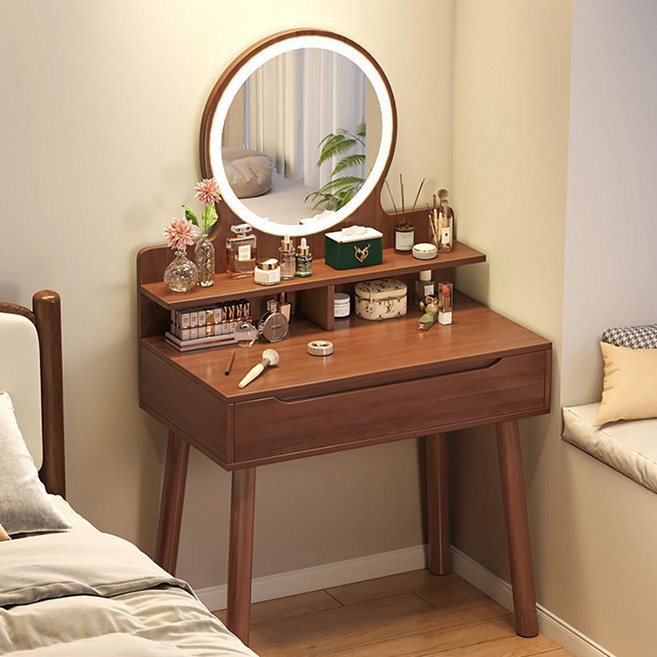 LED 수납 화장대서랍장 원룸 침실 화장대 세트 심플 고급 미니 화장대, 진한 갈색(1개의 서랍+LED 조명)