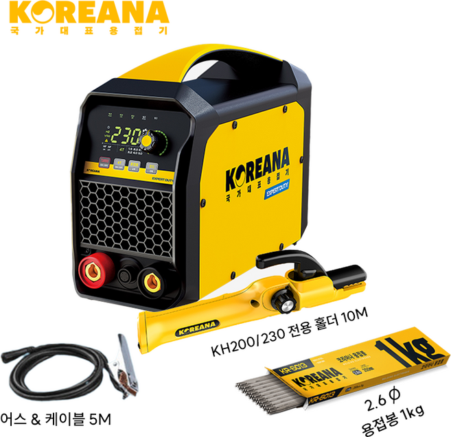 코리아나 용접기 kh230 최대 5파이 풀용접 4파이 아크 전기 7kw 엑스퍼트 듀티 홀더 10M 어스 5M kh-230 expert duty, 1세트