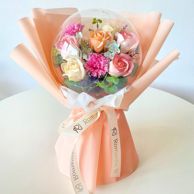 로맨틱앤 풍선꽃다발 카네이션 장미 꽃다발 LED 아크릴 꽃풍선 화환, 피치믹스+대형꽃다발, 1개