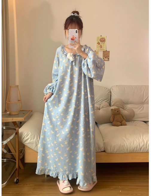 여성 긴팔 잠옷 원피스 캐주얼 봄 가을 훔웨어 치마 루즈핏 데일리 사계절 롱 파자마 실내복 RSH