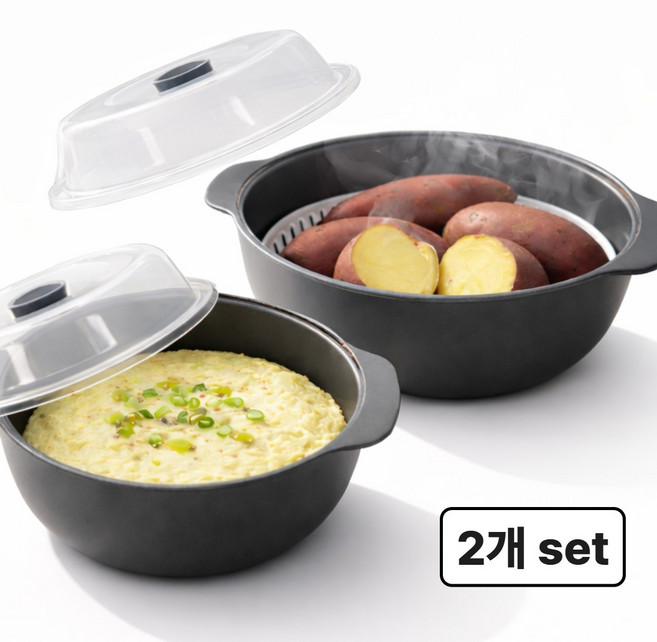 로벨스 국산 전자레인지 찜기 용기 만능 라면 계란찜, 1세트, 다크그레이(소형0.5L+중형1.2L)
