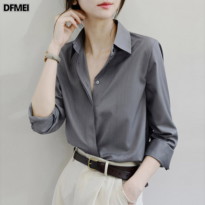 DFMEI 暗門襟灰色寬鬆襯衫長袖女商務職業通勤lo氣質襯衫chic高級感