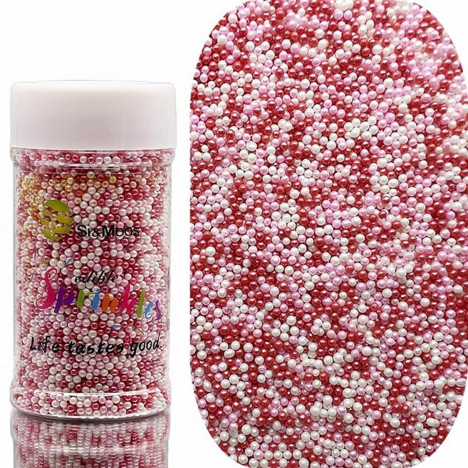 SE Si&Moos Nonpareil 스프링클 2mm 골드 미니 식용 진주 골드 스프링클 케이크 장식 크리스마스 쿠키 장식 웨딩 샤워 파티 크리스마스 휴일 용품 99.2g(3, 2mm 레드 화이트 & 핑크 진주 3.5온스/100g