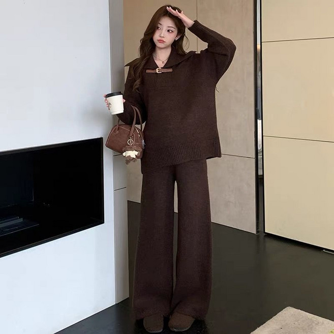 임산부 니트 세트 가을 겨울 캐주얼 임부복 터틀넥 니트 스웨터 + 하이웨이스트 와이드 팬츠 상하의 투피스 기질 임부 투피스 세트 CY