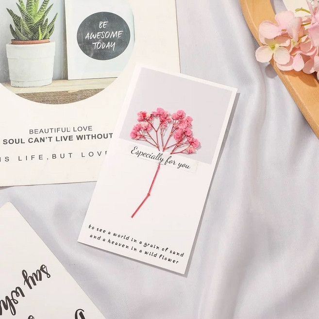 Wonderful Life 乾燥花賀卡 精美滿天星禮物卡片 適用生日母親節 9x16公分, 滿天星粉色, 1個