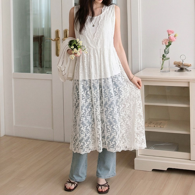 데일리앤 마로니 시스루 레이어드 레이스 원피스 망사 뷔스티에 봄 여름 롱 뷔스티에 꽃무늬 휴양지