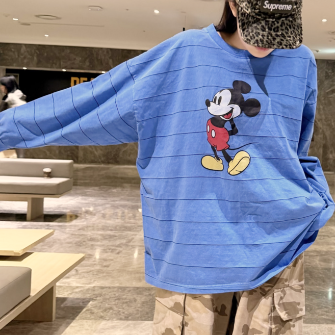 피그먼트 미키 핀스트라이프 긴팔티 빈티지 여자오버핏