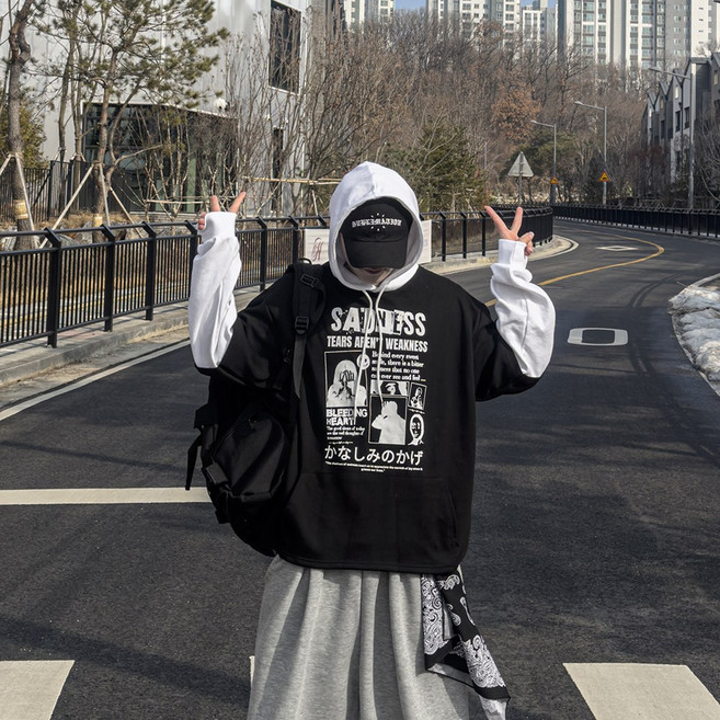 지금 JIIGEUM 새드 레이어드 오버 후드티