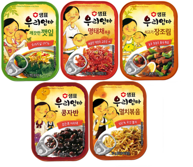 샘표 우리엄마 멸치 볶음 + 콩자반+명태채 볶음 +깨끗한 깻잎 + 쇠고기 장조림, 1세트, 350g