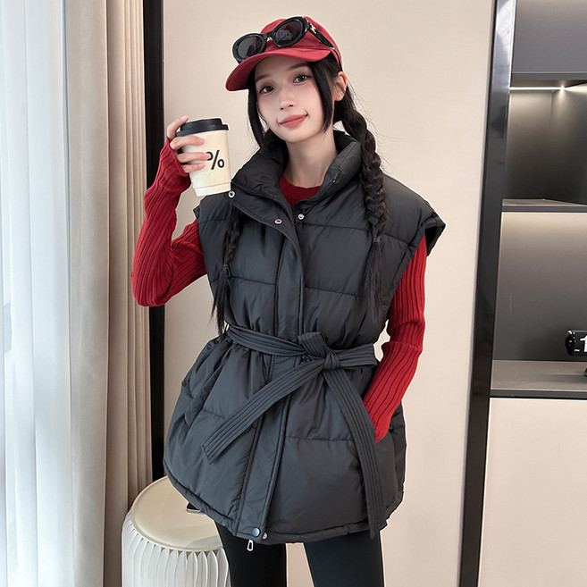 SAHINER 겨울 여성 하이넥 벨티드 패딩 베스트 데일리 보온 조끼 AMJ18