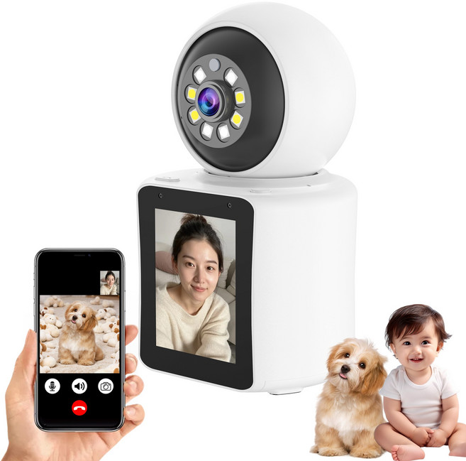 RUN기술 가정용 감시카메라 양방향 영상통화 고화질 300 만화소+64G메모리카드, 화이트