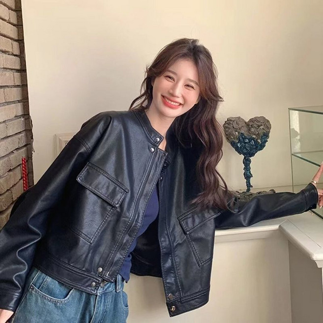 COSYEVNO 가죽 코트 여성 봄 가을 코디용 숏 가죽 재킷