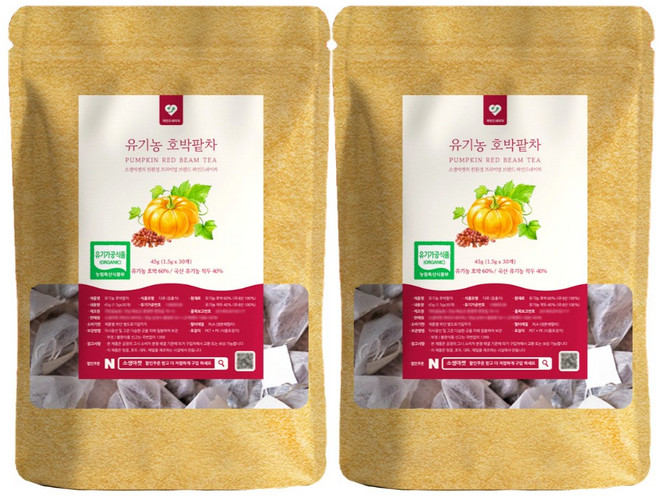 국산 유기농 늙은 호박팥차 티백 붓기 제거에 좋은 다이어트 차 1.5g 30개입, 2개
