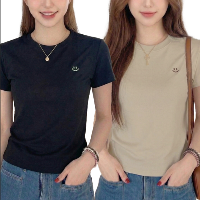 바이로이 1+1 여성 스마일 스판 반팔티