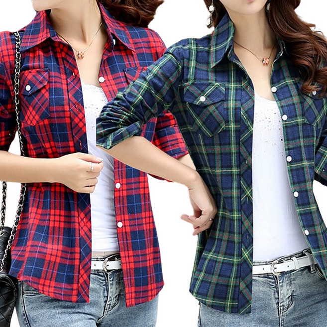 로로비 [1+1] 슬림핏 면 여성셔츠 면 여성체크남방 긴팔 셔츠 블라우스