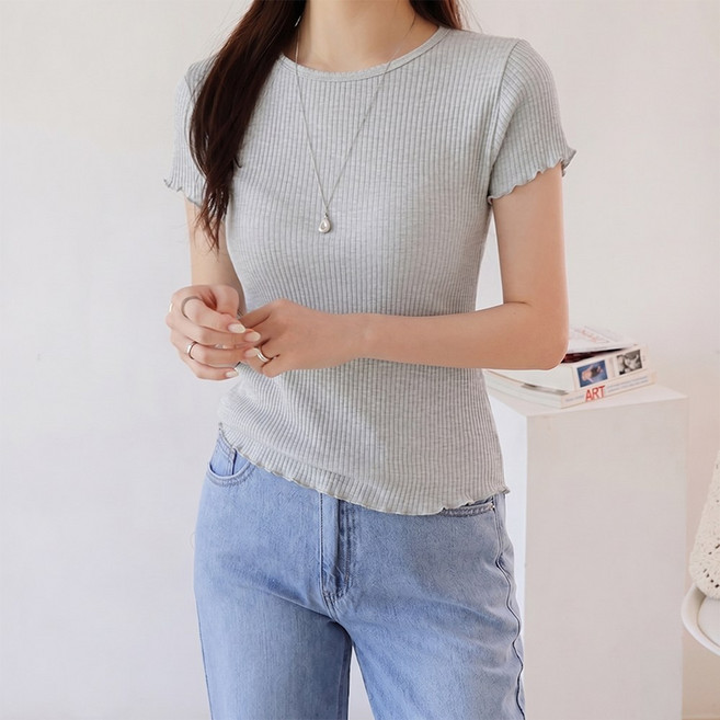 데일리앤 레니아 여성 스판 봄 여름 모달 여리핏 프릴 물결 골지 러블리 기본 반팔 티셔츠
