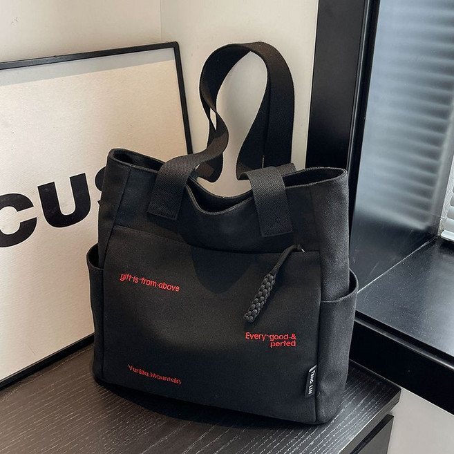 帆布包包 大容量 簡約 休閒 單肩托特包, 1個, 黑色普通沒內襯款