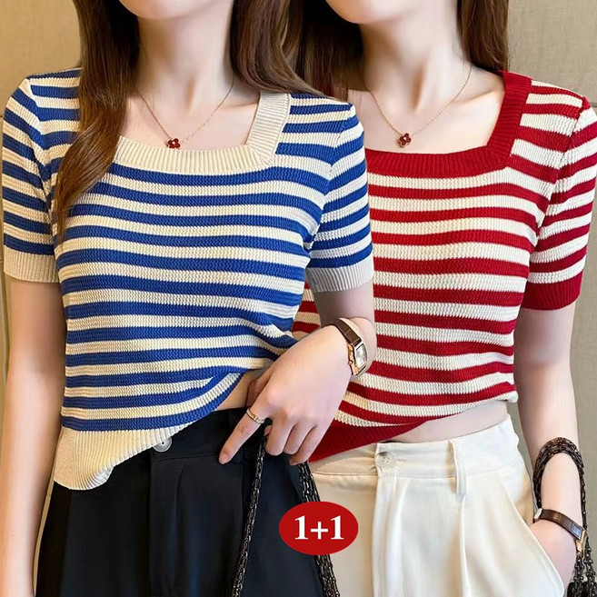 Asure 여자 여름 스트라이프 스퀘어넥 니트 반팔 티 1+1