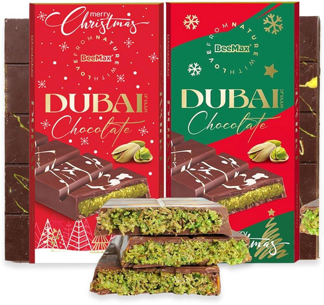 BEEMAX 초콜릿 비맥스 판 크리스마스 두바이 바 빨강과 초록 다양팩 7온스 2개입 중동 프리미엄 우유초콜릿 카다이프와 피스타치오 포함 연휴 선물 터키산, BEEMAX 초콜릿 비맥스 판 크리스마스 두바이 바 빨