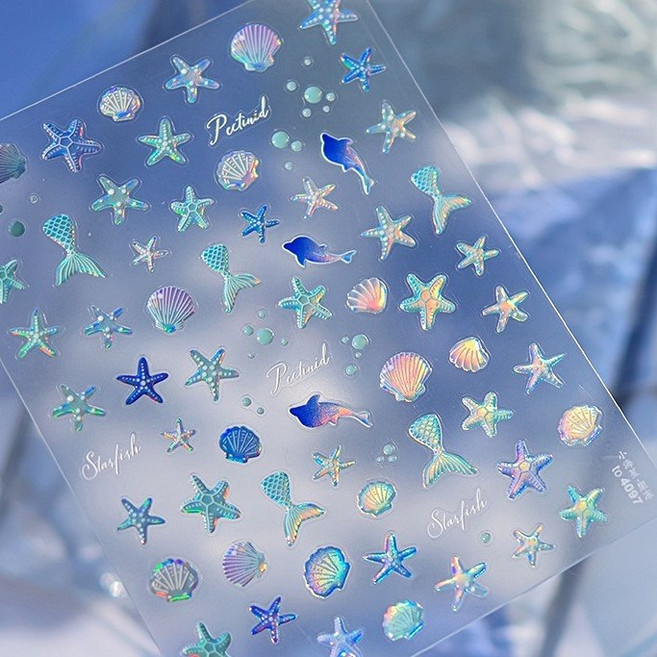 고네일 / 엠보 오션 홀로그램 블루 언더더씨 인어 돌고래 불가사리 토모니 네일스티커 to4097 바데네일 스티커네일, 1개