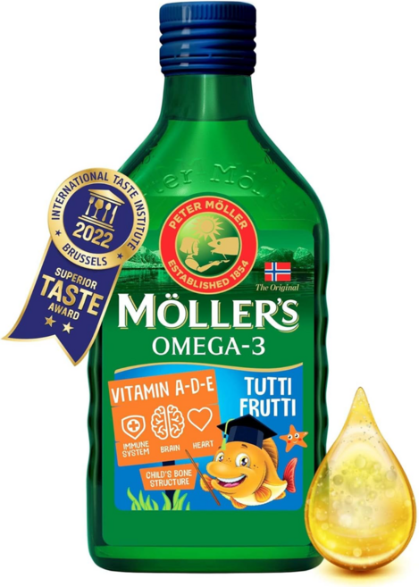 Mollers 묄러 오메가3 고순도 천연 대구 간유 250ml 투티 프루티 165년 전통 임신 임산부 피부 발달, 1개