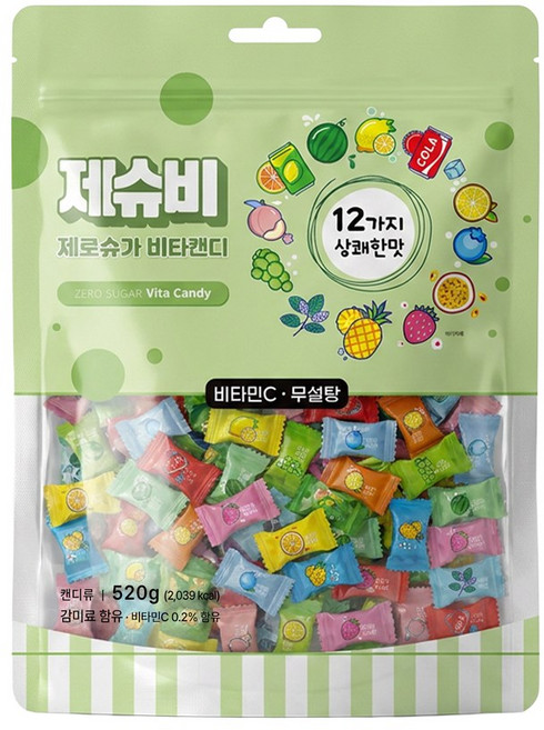 제슈비 제로슈가 비타캔디 12가지맛 무설탕 과일 사탕 지퍼백, 1개, 520g