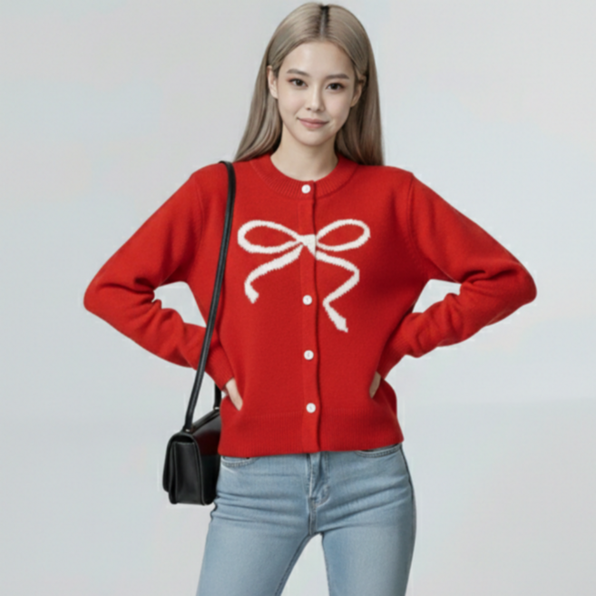 유니크코코 여성 간절기 리본 니트 가디건 봄 가을 5836