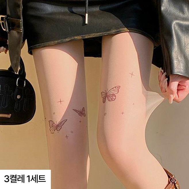 다이나토리 여성 0D 나비 자수 포인트 팬티스타킹 3켤레 세트