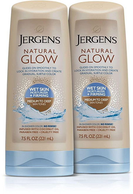 Jergens 내추럴 글로우 +퍼밍 인샤워 셀프 태너 바디 로션 중간에서 탠 피부 톤을 위한 선리스 태닝 퍼밍 모이스처라이저 점진적인 페이크 탠 212.6g(7.5온스), 221ml