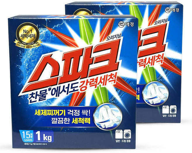 스파크 일반 드럼 겸용 분말 가루 세탁 세제 1kg 2개, 1개