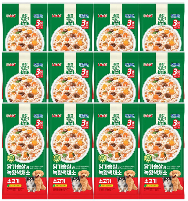 이나바 강아지 캔 파우치 닭고기와 녹황색채소, 혼합맛(닭가슴살/채소/소고기), 180g, 12개