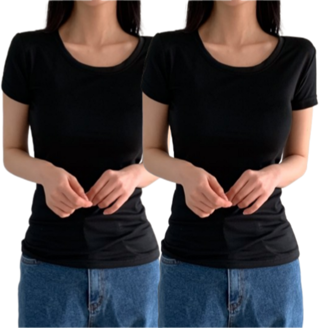 일월전빵 1+1 여성 슬림핏 무지 레이어드 스판 라운드 브이넥 반팔 티셔츠 B-C026