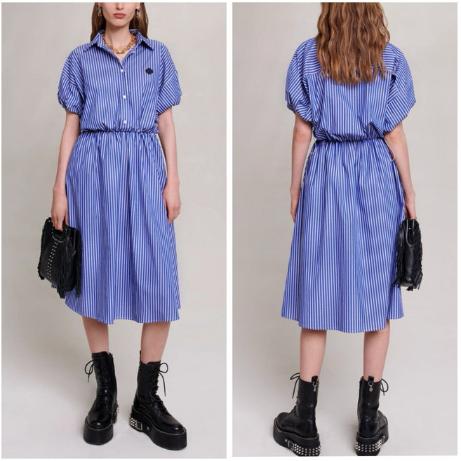 마쥬 마제 렐리사 블루 스트라이프 폴로 칼라 미디 드레스 사이즈 36 미국 S 5784902