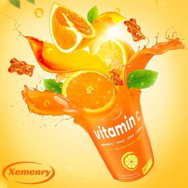 성인과 어린이를 위한 비타민 C 구미 엘더베리 로즈힙 감귤 바이오플라보노이드 아세로라 체리 함유 5가지 성분으로 면역력 강화 면역력 증진 보충제, 1개, 60정