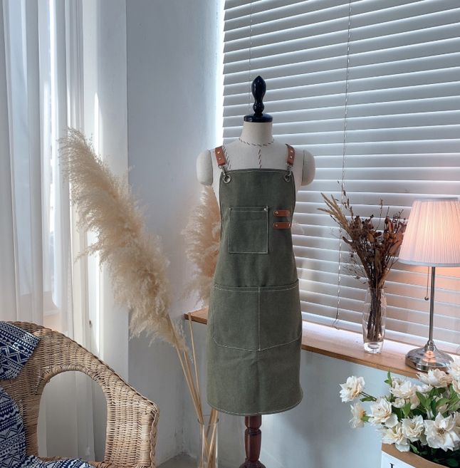 그라온 데일리 주방 카페 캔버스 방수 앞치마, 1개, 카키