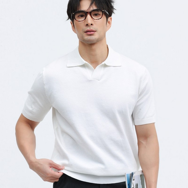 글리멜로 남자 여름 무지 오픈 카라 니트 반팔 티셔츠