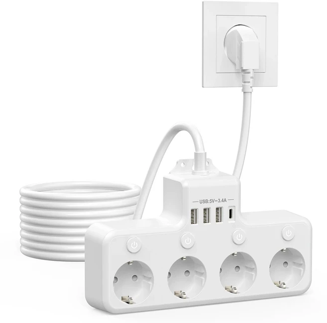 개별 스위치가 있는 2M USB 전원 스트립 유형 C 포트 4000W EU 플러그 다중 소켓 전원 콘센트 서지 보호기, 01 4, 01 유럽 ​​연합, 01 white