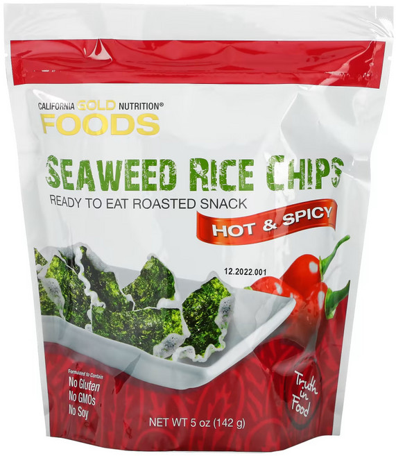 캘리포니아 골드 뉴트리션 해초 라이스 칩 핫 & 스파이시 142g(5oz) 칼슘 식이섬유 찹쌀 나트륨 Sodium Snack 스낵 김 과자 마늘가루 양파분말 옥수수오일, 142g, 1개
