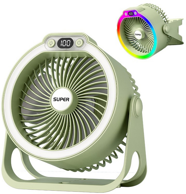 Craftsy LED 무드 조명 탁상용 선풍기 360도 상하회전 BLDC 모터 캠핑 사무실 걸이형 휴대용 무선 저소음 대용량 베터리 선풍기, 그린, K8