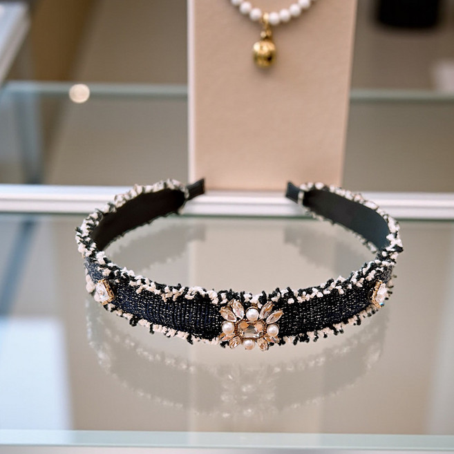 트위드 보석 장식 헤어밴드 귀편한 빗살 머리띠