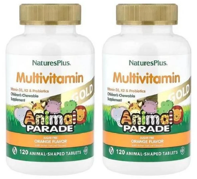 (1+1) 네이처스플러스 애니멀 퍼레이드 어린이용 츄어블 종합비타민 오렌지맛 120정 (2병), 2개 - 쿠팡
