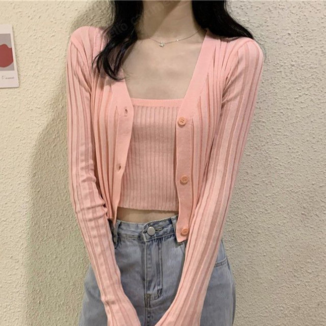 cammello 봄여름 미니멀 골지 크롭 나시 + 가디건 레이어드 세트 데일리룩