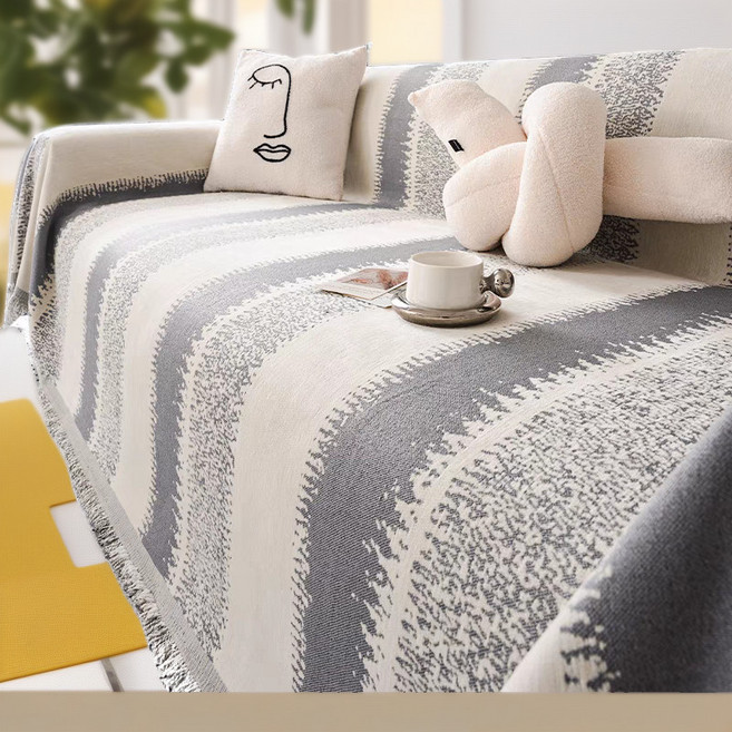 斑馬紋雪尼爾沙發蓋巾 ins風北歐四季通用防貓抓蓋布 全蓋式沙發防塵防滑萬能布, 斑馬紋灰色-yy1【高密度雪尼爾】,461cm長度*181CM寬度【五人位】, 1個