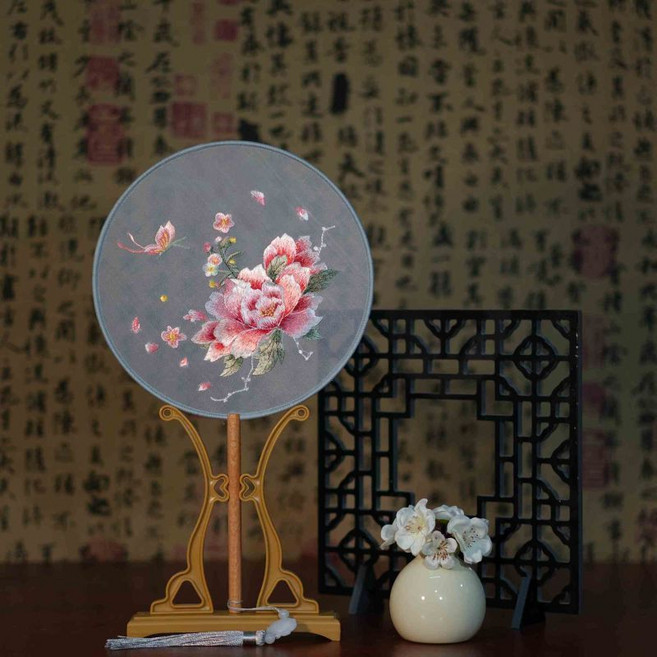 雙面繡古風圓扇 牡丹刺繡絹扇, 1個, 圓形粉牡丹
