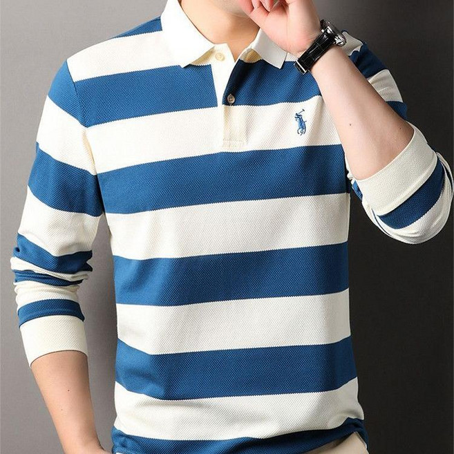 Skyciky 남성 봄가을 긴팔 폴로셔츠 자수 스트라이프 루즈핏 캐주얼 레이어드 티셔츠 트렌디 상의 MF613
