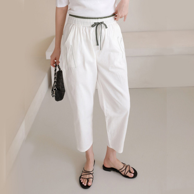 여성 마 스판 린넨 배기핏 바지 여름 밴딩 팬츠 데일리룩 시원한 루즈핏 통기성 좋은 캐주얼 바지