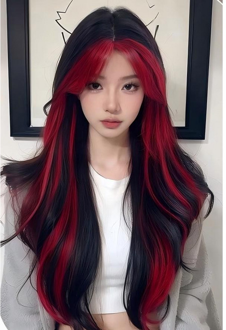 65CM보카시 웨이브 앞머리 긴머리 웨이브 여성 풀가발(가발 수납 포켓), 1개, 검붉은 색 가림 염색.