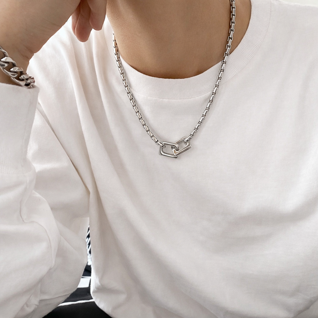 백송 젠더리스 스퀘어 볼드 체인 목걸이 써지컬스틸 남자 주얼리 데일리 포인트 사각 펜던트