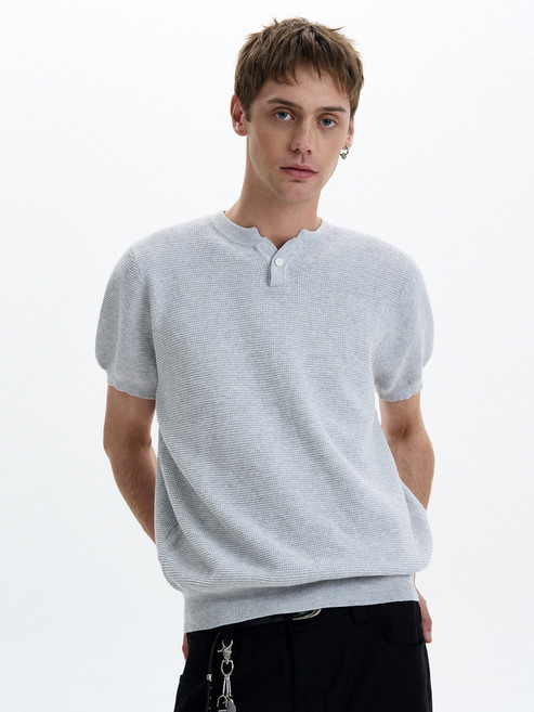 男款亨利領正肩針織休閒短袖, XXXL