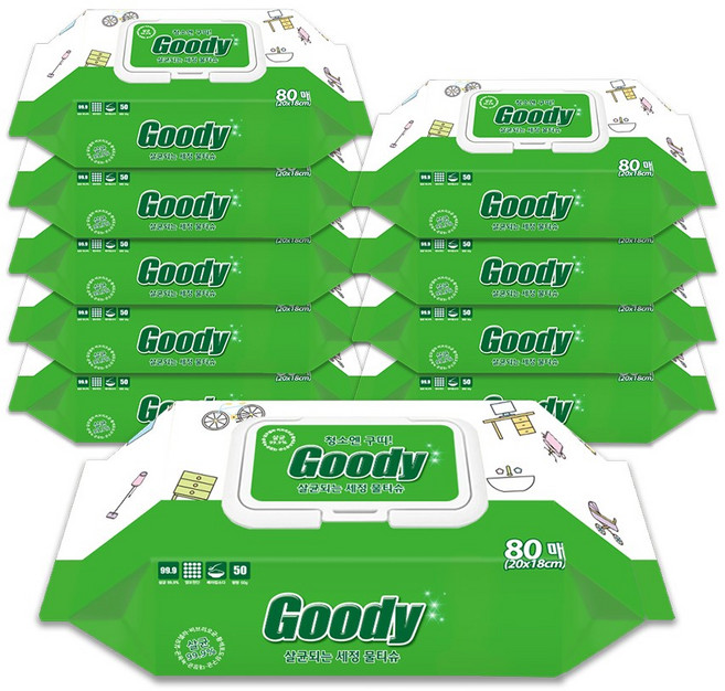 청소엔구띠 살균되는 세정 물티슈 캡형 80매, 10개